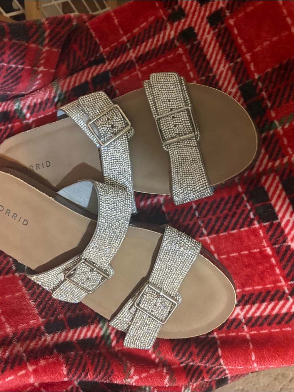torrid Silver Rhinestone Buckle Slide Sandals with Double Straps
